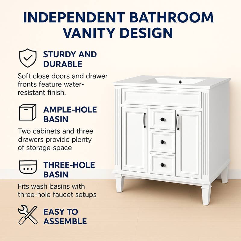 30" Ceramic Sink Bathroom Vanity with Gold Handles, Soft-Close Storage & Space-Saving Design