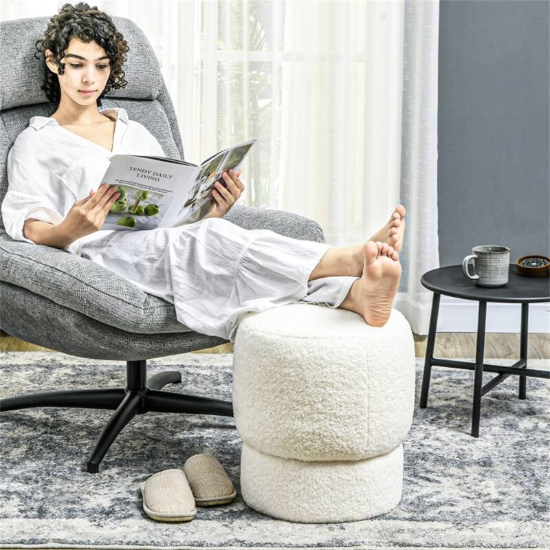 15.7" Cream White Round Footstool with Thick Foam Padding and Soft Teddy Fleece Cover