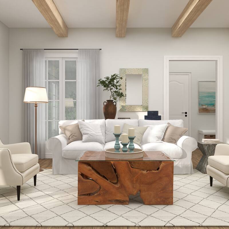 Cream Mother of Pearl Shell Handmade Mosaic Room Wall Mirror with Blue Corners