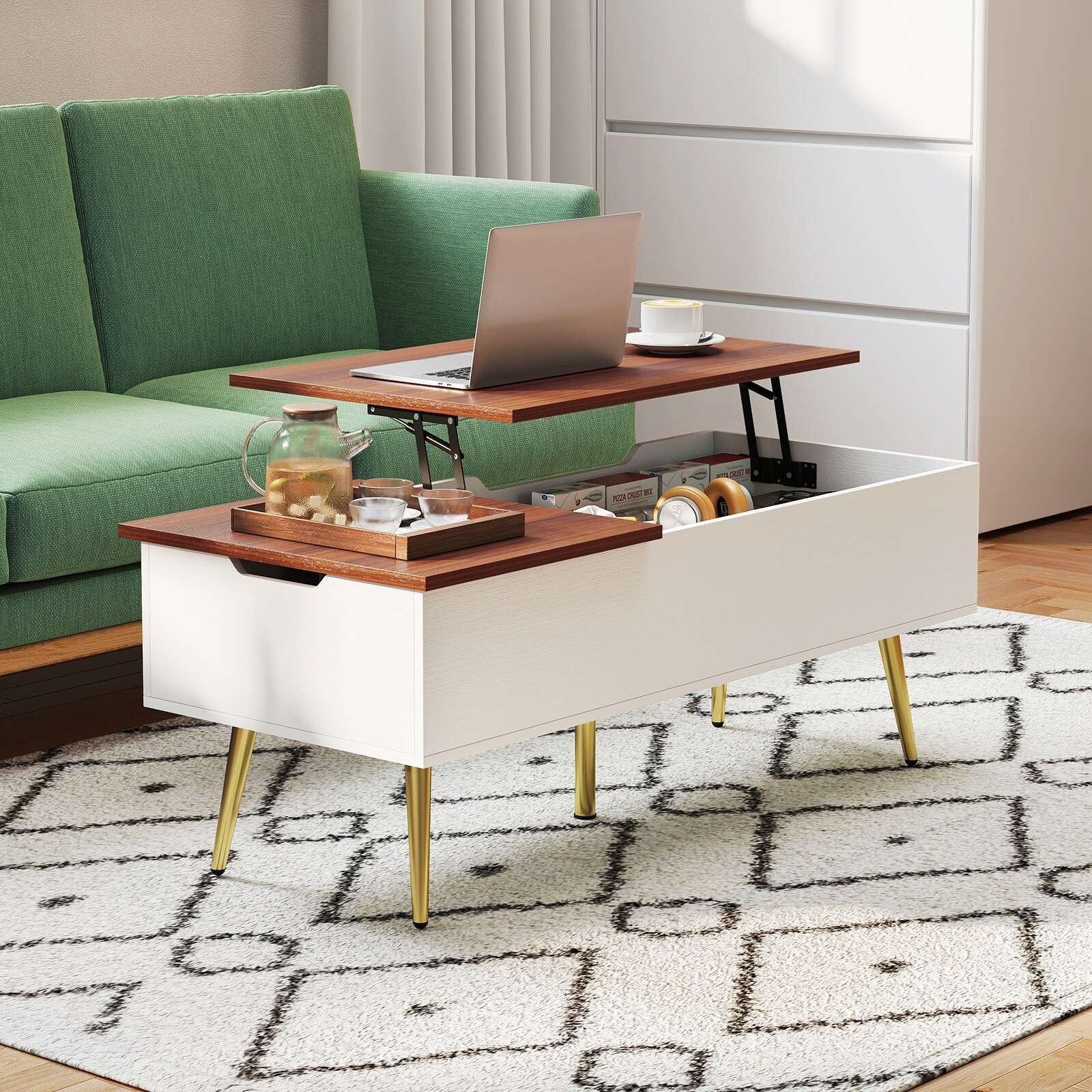 Gymax Lift Top Coffee Table w/ Split Top & 2 Hidden Compartments