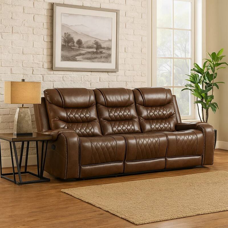 Paul 87 Inch Manual Recliner Sofa, Drop Table Cupholders Brown Faux Leather