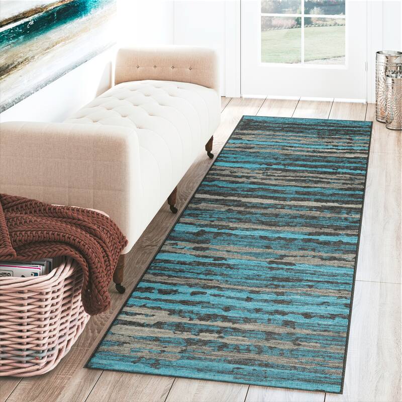 Indoor/ Outdoor Bravado Abstract Striped Baja Washable Area Rug - 2' x 7'6" - Peacock