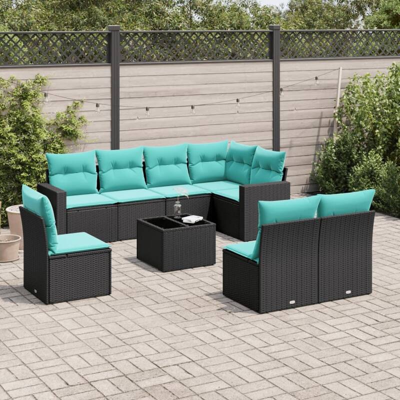 vidaXL Patio Sofa Set with Cushions Outdoor Conversation Furniture Poly Rattan - 25.8" x 24.4" x 27.2" - Black and blue with table