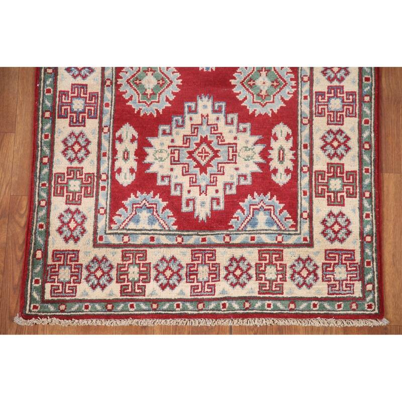 Hand Knotted Oriental 100% Wool Carpet Traditional Geometric Red Kazak Runner Rug - 6' 8'' X 2' 8''