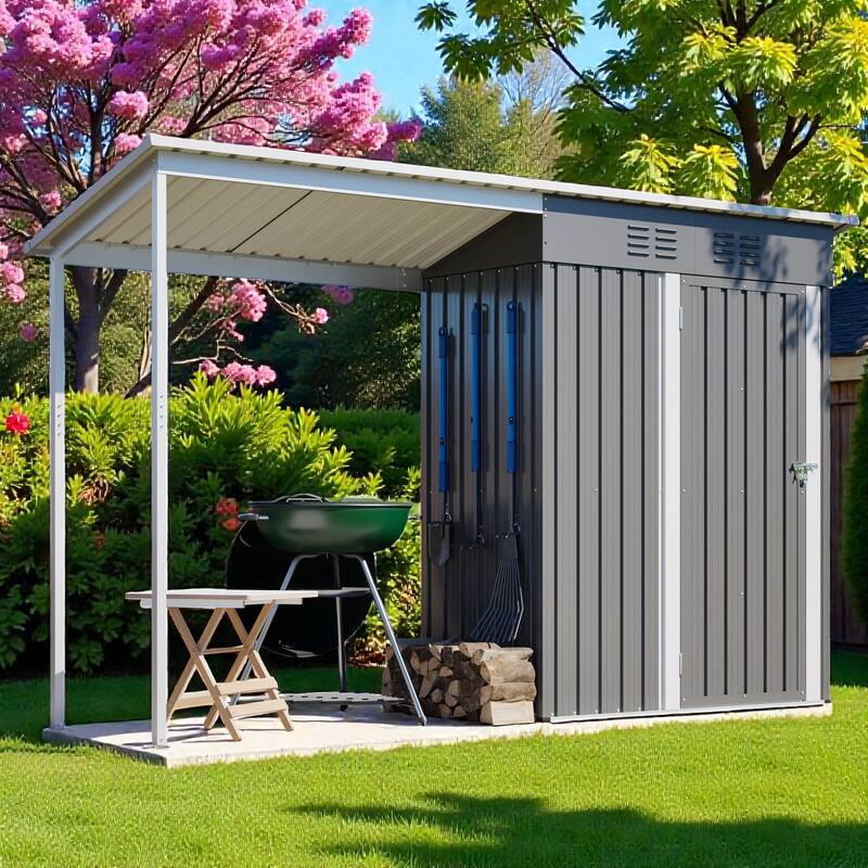 5x3 FT Galvanized Steel Shed and Gazebo Combo, Lean-To Storage Shed with Pergola for Backyard