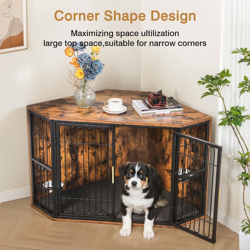 Corner Dog Crate Furniture, Wooden Dog Kennel Furniture End Table, Wood Pet House Dog Cage Crate