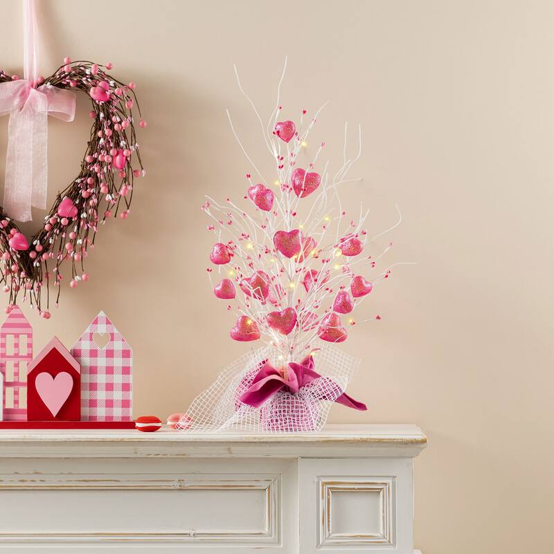Glitzhome LED Lighted Valentine's Pink Berry Heart Table Tree