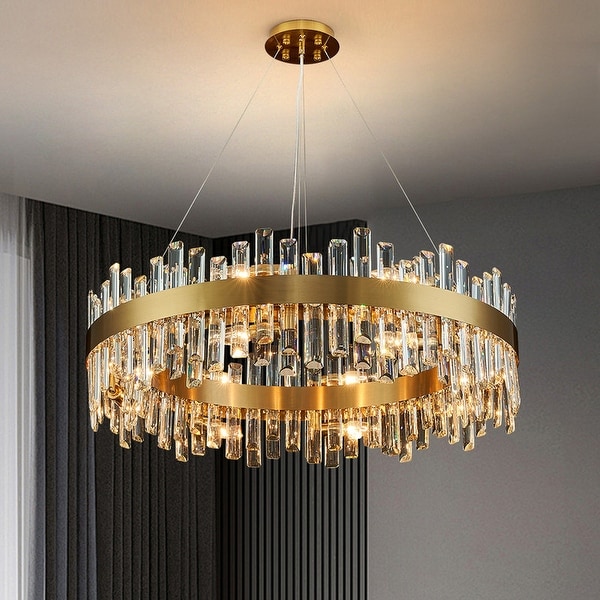 32 in. 2 Tier Modern Crystal Chandelier Brass Gold Round Crystal Raindrop Chandelier Contemporary Pendant Light for Dining Room 31.5 in