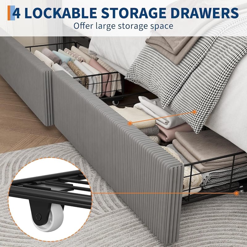 Bed Frame, with 4 Storage Drawer and Headboard