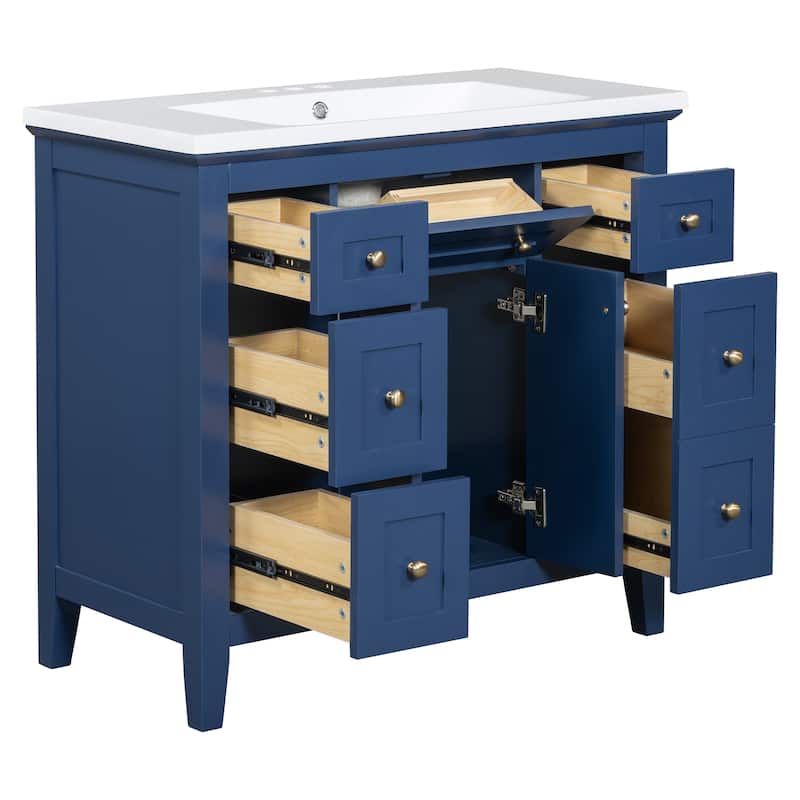 36'' Bathroon Vanity with Resin Sink Combo Set, Modern Freestanding Single Bathroom Cabinet with 6 Drawers & 2 Cabinets