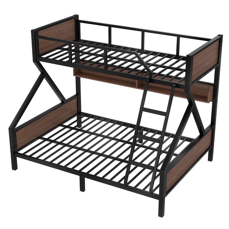 Twin XL over Queen Bunk Bed, Metal Bunk Bed with Storage Shelves and Lights, Space-saving & Noise-free Design, Black