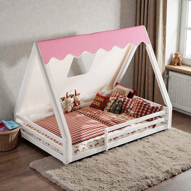 Montessori House Floor Bed with Tent and Lights, Solid Wood Teepee Bed with Guardrails, Twin/Full Kids Bed Frame
