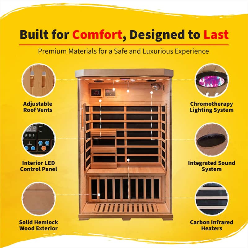 HeatWave Sonoma 2-Person Hemlock Infrared Sauna with 6 Carbon Heaters - 47" W x 45" D x 75" H
