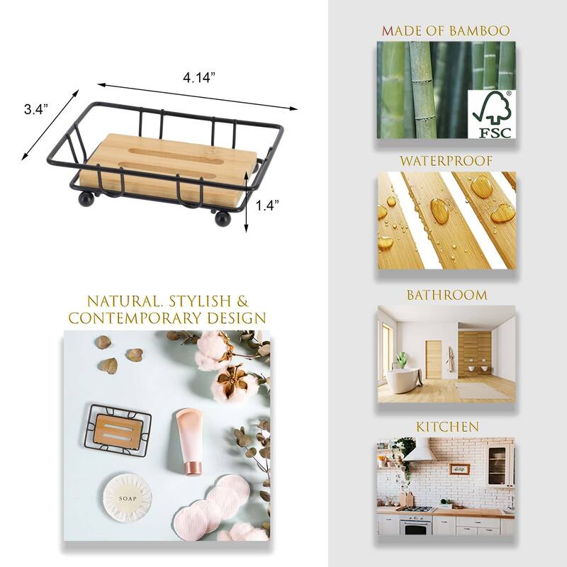 Bathroom Soap Dish Bamboo Tray Metal Wire - 4.14" L x 3.4" W x 1.4" H