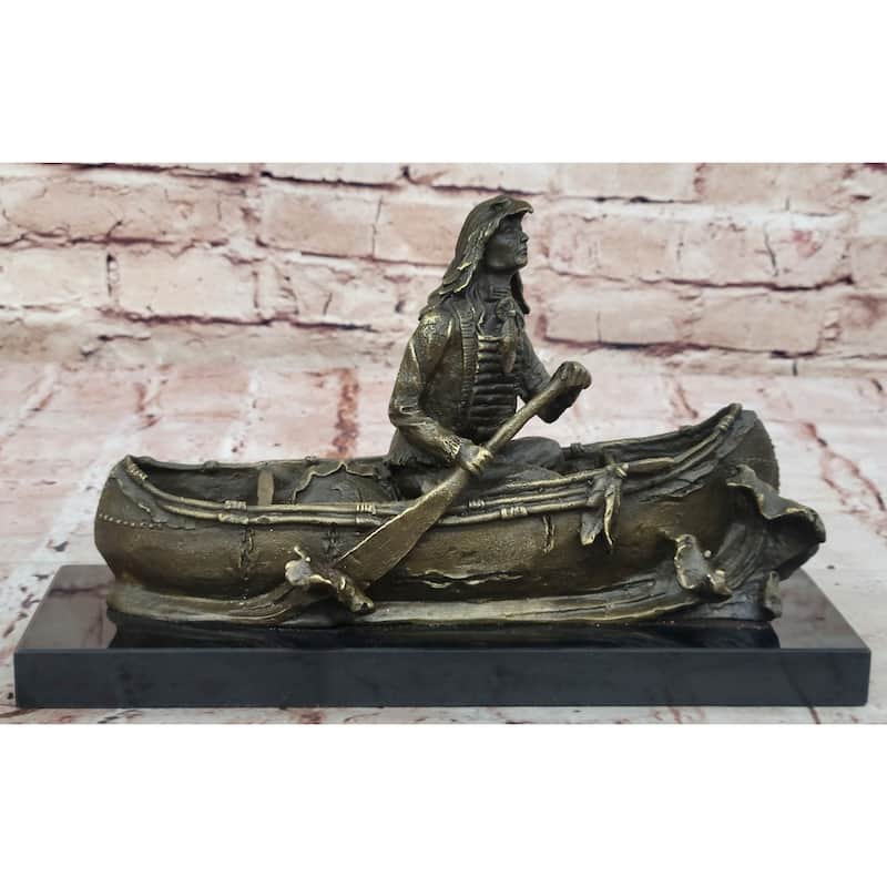 Native American Indian Man In Canoe Bronze Statue Sculpture Figure 7 Inches X 10 Inches