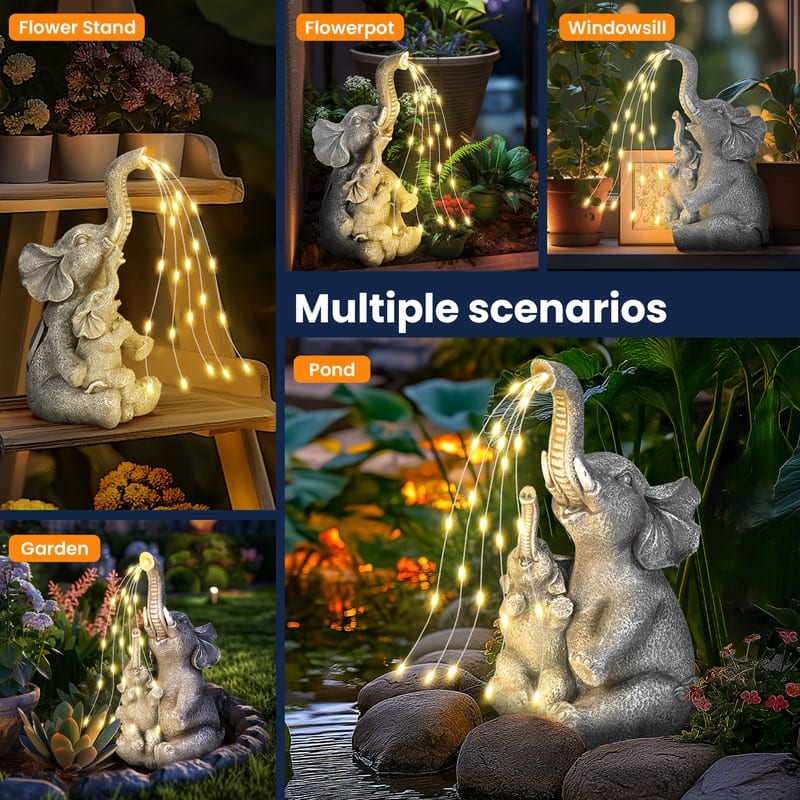 Solar-Powered Mother & Child Elephant Statue, Outdoor Garden Decor with Warm Lights - 5 in. x 5 in. x 10 in.