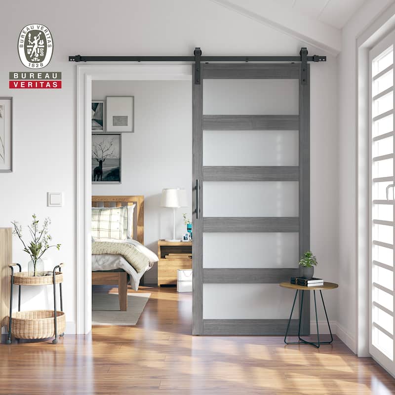 Sanding 30in./36in./42in.x 84in. 5 Frosted Glass White/Grey PVC Surface MDF Sliding Barn Door With Hardware Kit