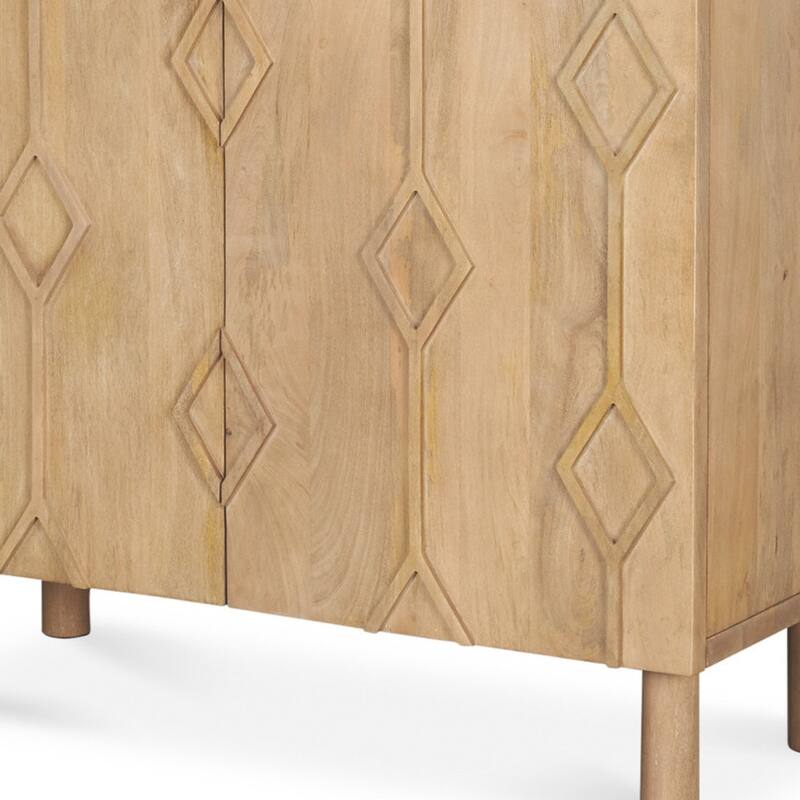 HomeRoots 36" Natural Solid Wood Carved Geometric Accent Cabinet With Two Doors