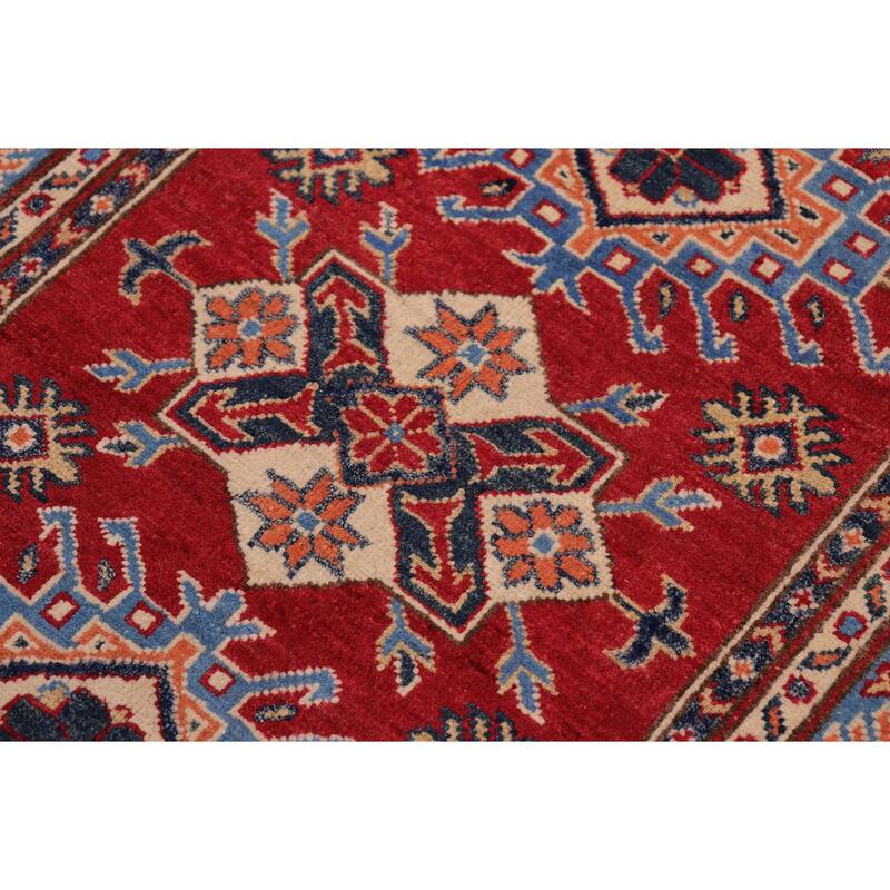 Southwestern Kazak Camren Red/Light Blue Wool Rug - 3'3'' x 4'9''