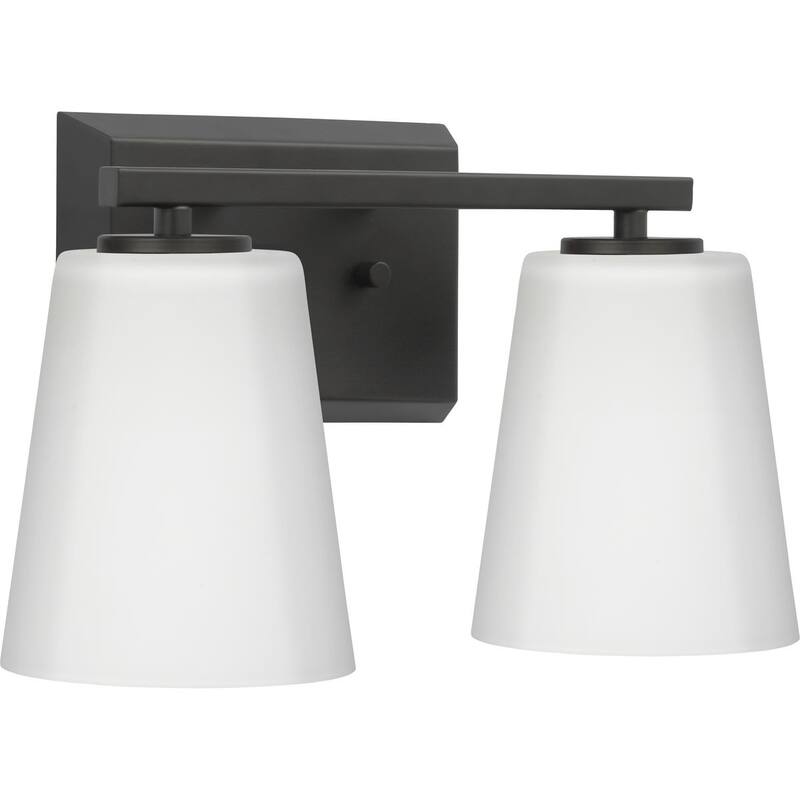 Vertex Collection Two-Light Matte Black Etched White Glass Contemporary Bath Light - 12.87 in x 6.25 in x 7.5 in - 12.87 in x 6.25 in x 7.5 in