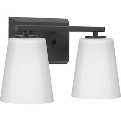 Vertex Collection Two-Light Matte Black Etched White Glass Contemporary Bath Light - 12.87 in x 6.25 in x 7.5 in