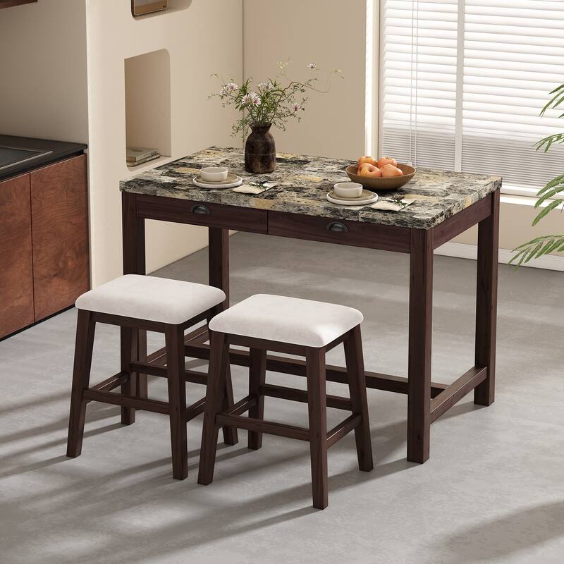 Modern Faux Marble Bar Table Set with Storage & Stools - 3-Piece Sets - Walnut