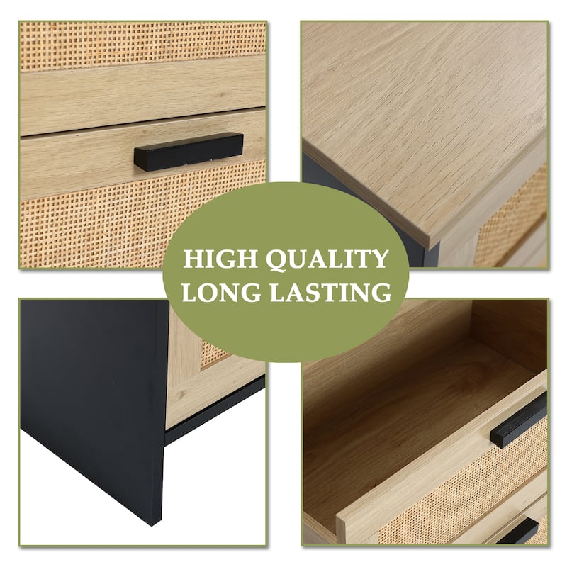 Black and Brown Wood 3-Drawer Rattan Chest