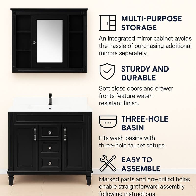 30" Ceramic Sink Bathroom Vanity with Gold Handles, Soft-Close Storage & Space-Saving Design