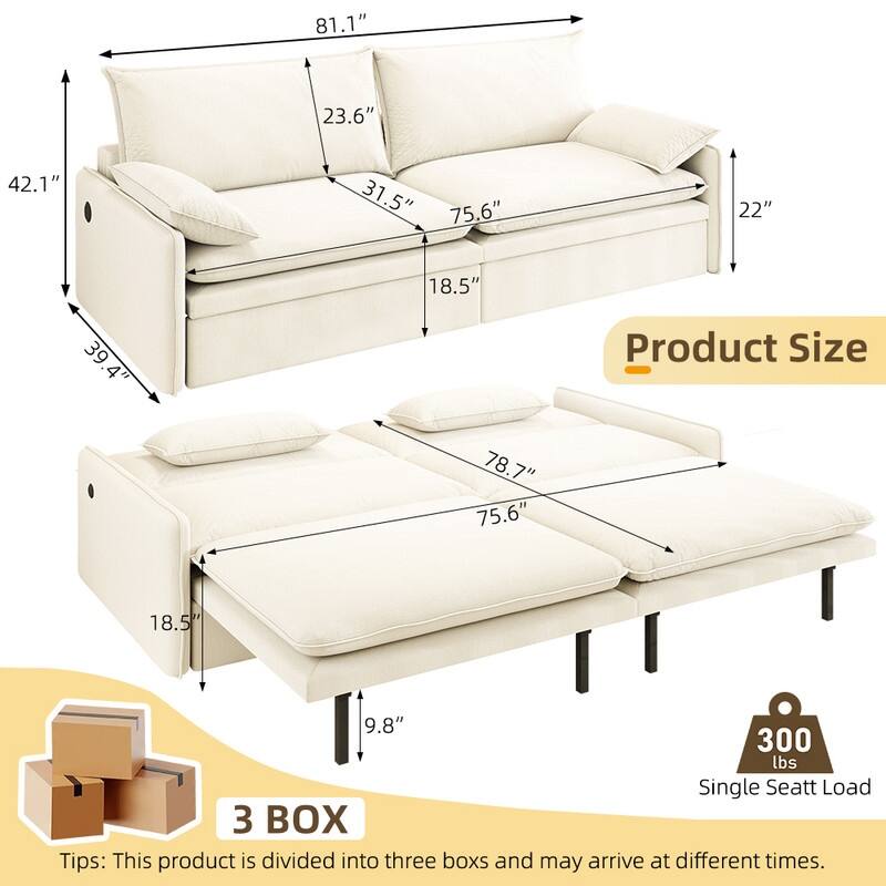 Convertible Sleeper Sofa Bed with Storage and USB Port Modern Chenille Fabric for Versatile Living Spaces