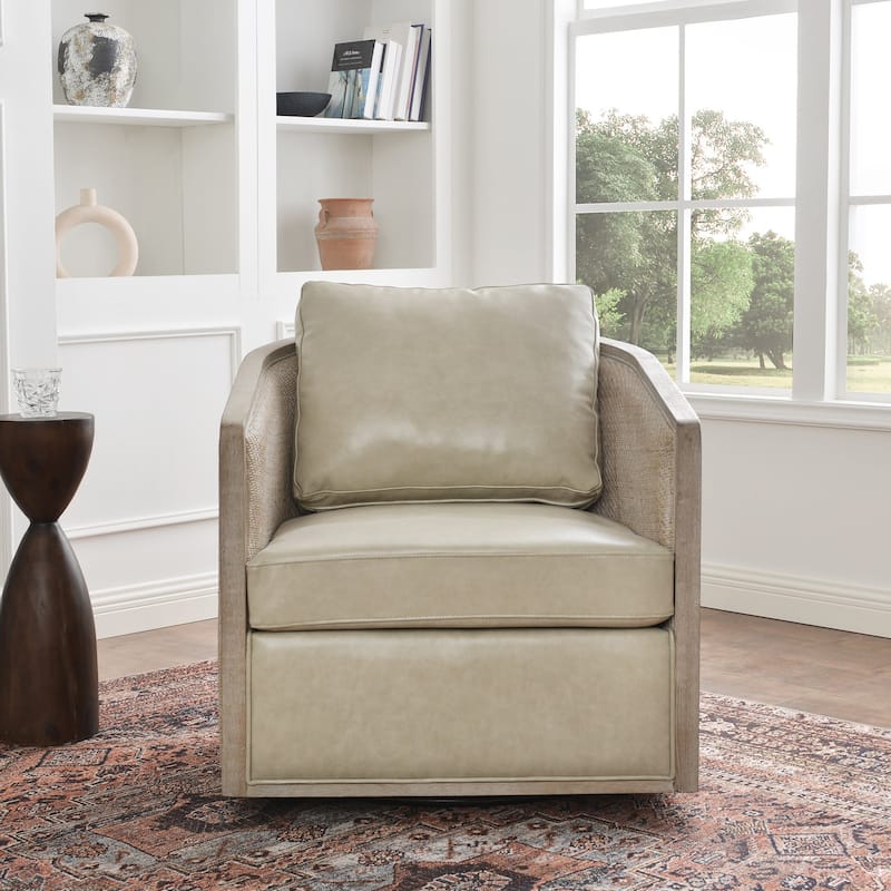 KINWELL 31"W Oak Frame Upholstered Swivel Barrel Armchair