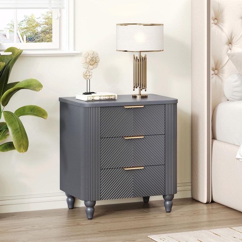 Mid-Century Fluted 3-Drawer Nightstand with Curved Design and Gold Handles