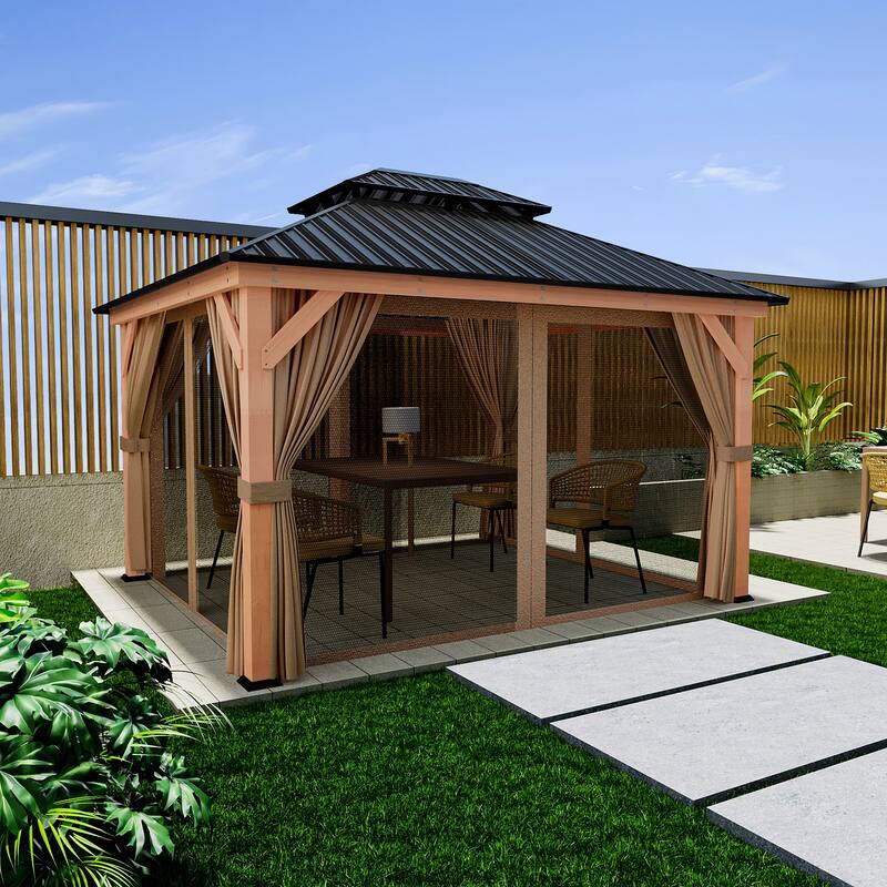 11 ft. x 13 ft. Outdoor Double Roof Hardtop Wooden Patio Gazebo with Netting and Curtains