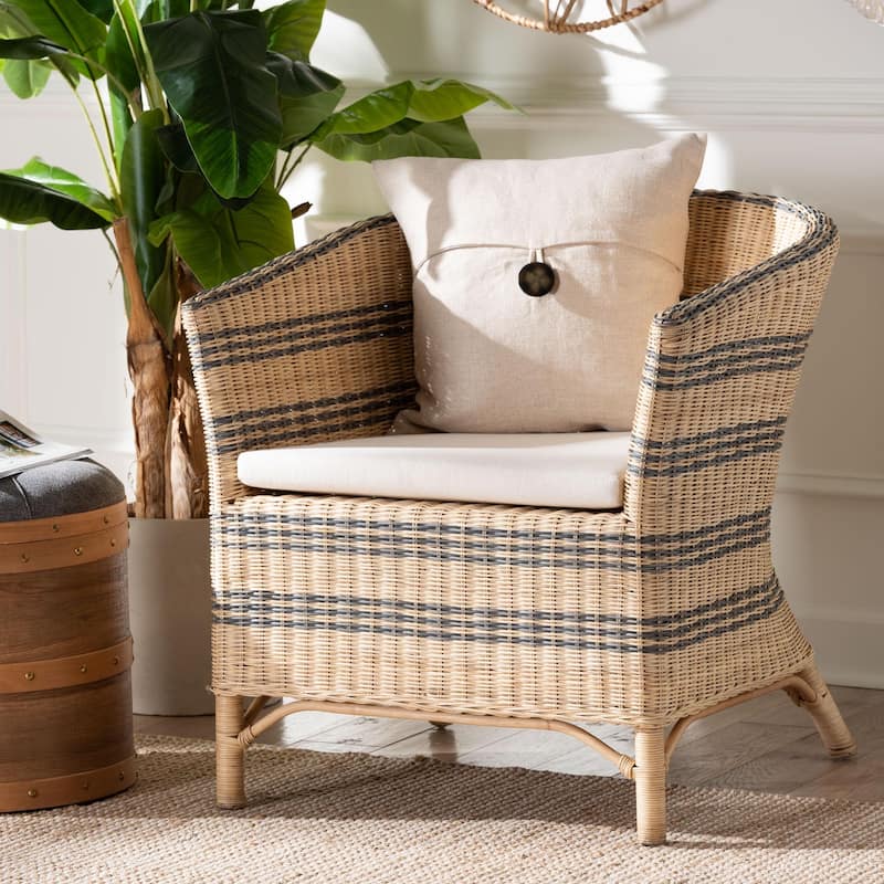 Elda Natural Rattan Accent Chair - Wicker Barrel-Back Chair with Two-Tone Woven Stripes and Cushion, Coastal Boho Style Seating