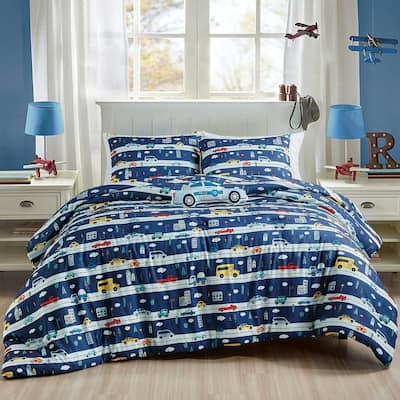 Blue Cars Reversible Kids Quilt Coverlet Bedspread Bedding Set