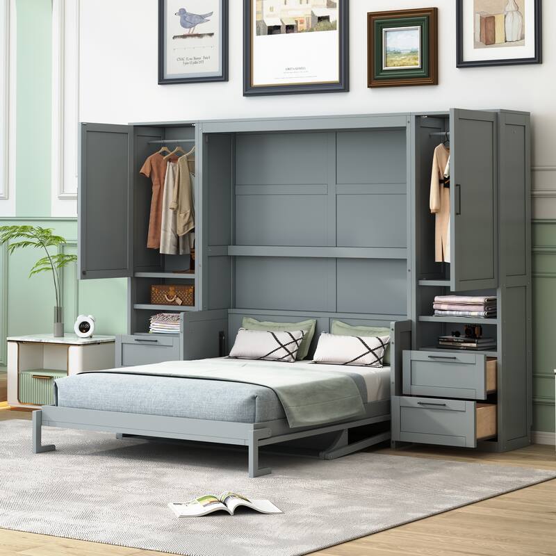 Queen Size Murphy Bed Hidden Wall Bed with Both Sides Closet Drawers and Storage Shelves, Space-Saving Versatile Murphy Bed