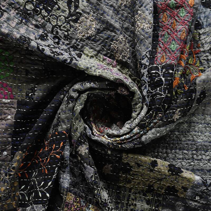 LR Home Gray Haze Quilted Vintage Boho Kantha Standard Size Throw Blanket
