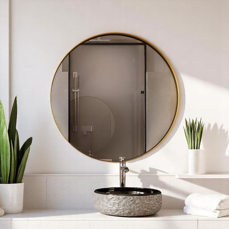Round Metal Framed Wall Mounted Bathroom Mirror Cabinet, 31.5 Inch Surface Mount Medicine Cabinet with Storage - Gold