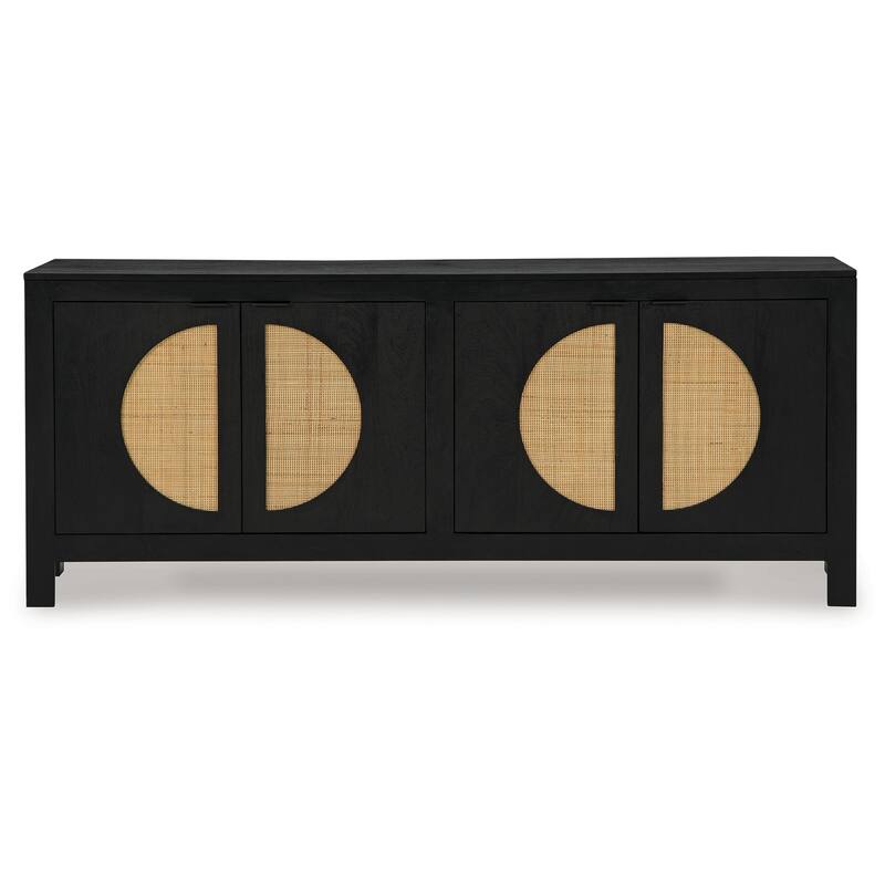 Sideboard Cabinet Console, 4 Doors Woven Cane, 70 Inch Black and Brown