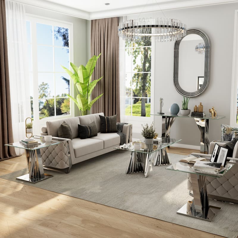 Clear Tempered Glass Coffee Table with Silver Stainless Steel Base for Living Room