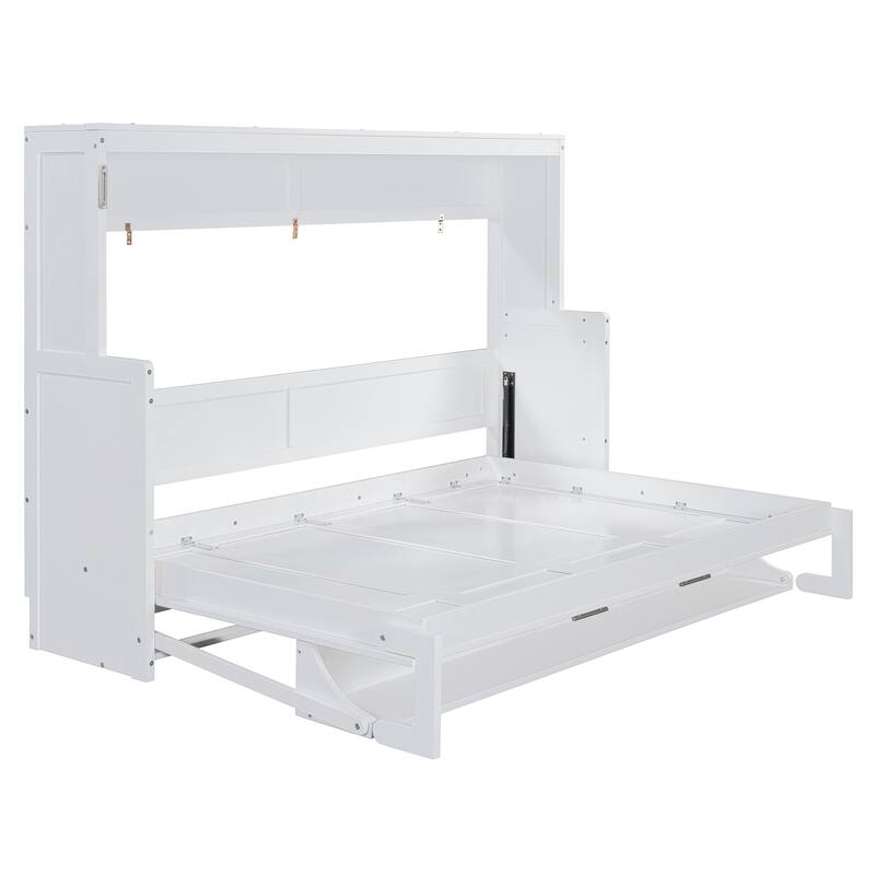 Space-Saving White Murphy Bed with Hydraulic Lift & Foldable Desk - Full/Queen Size