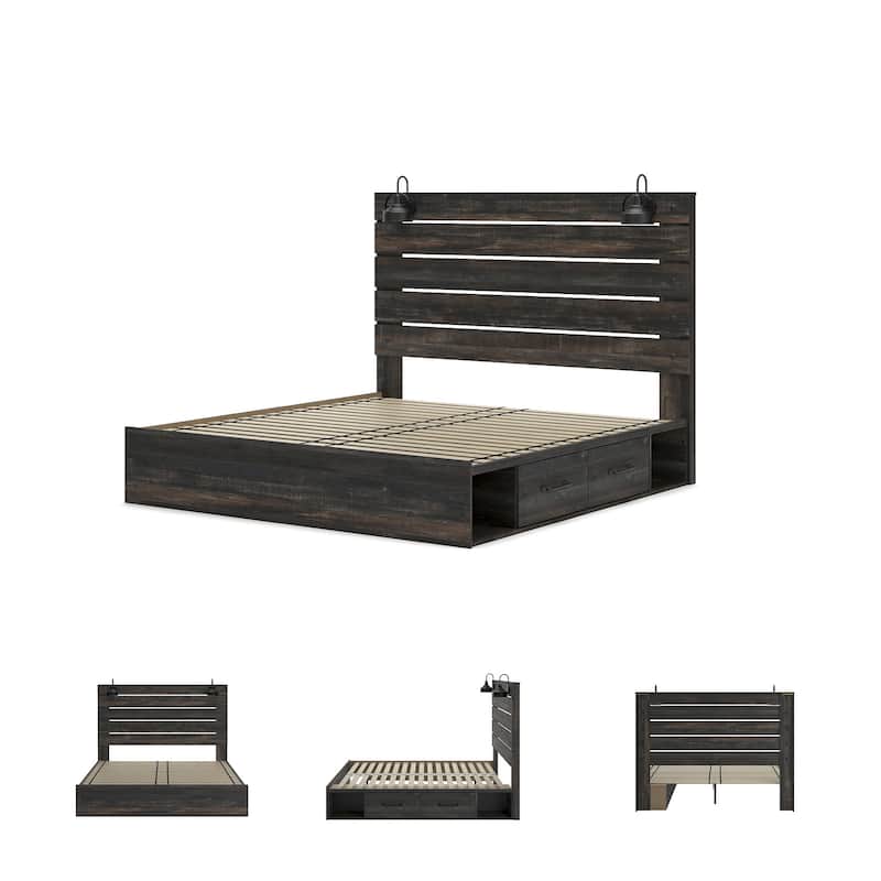 Drystan Rustic Brown Panel Bed with 2 Under Bed Storage Drawers