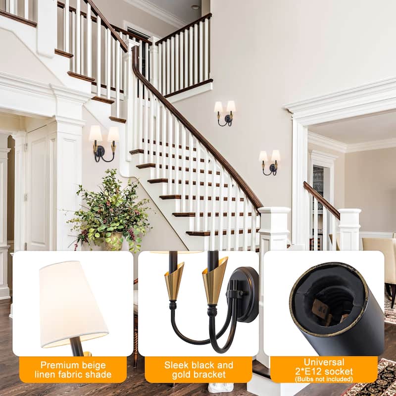 2-Light Matte Black & Gold Wall Sconce Traditional Fabric Shades