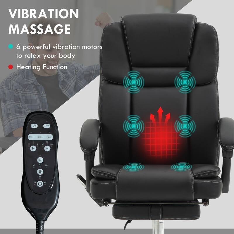 Massage Office Chair with 6 Vibration Points, Heated Reclining PU Leather Computer Chair with Adjustable Height, Footrest