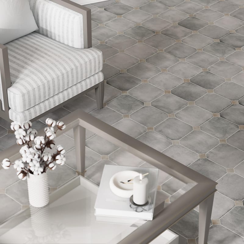 Merola Tile Laverton Octagon Gris with Taco Arena 7-7/8" x 7-7/8" Porcelain Floor and Wall Tile