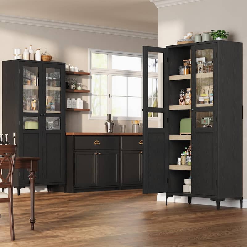 Tall Storage Cabinet,2 Glass Doors, Kitchen Pantry 5 Tier Bathroom Cabinet