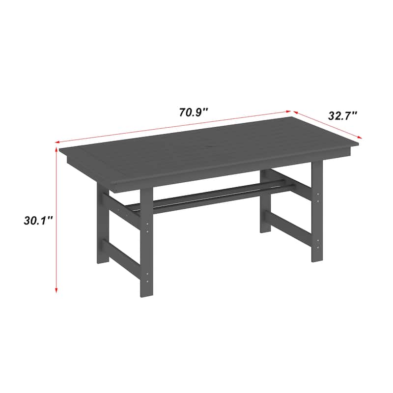 70.9" Outdoor Dining Table with Umbrella Hole, HDPE All Weather Patio Table Waterproof UV Resistant Rectangular Dining Table