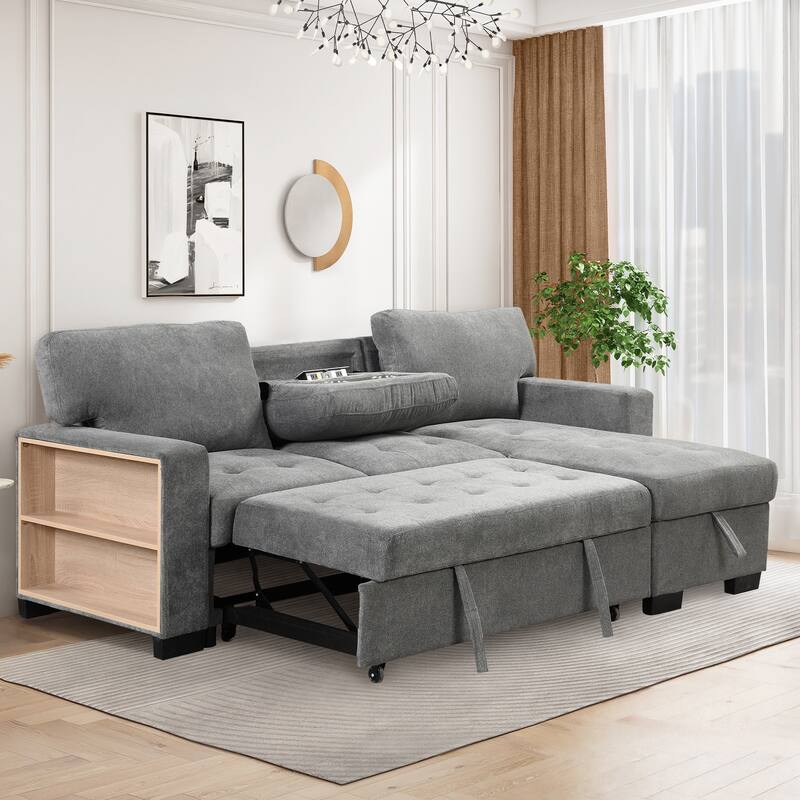 Stylish and Functional Light Chaise Lounge Sectional with Storage Rack