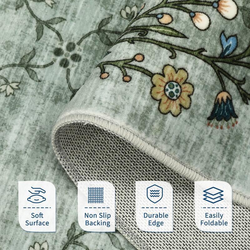 Floral Area Rugs for Living Room Low Pile Non Slip Rugs Washable Soft Foldable Accent Carpet Home Decor