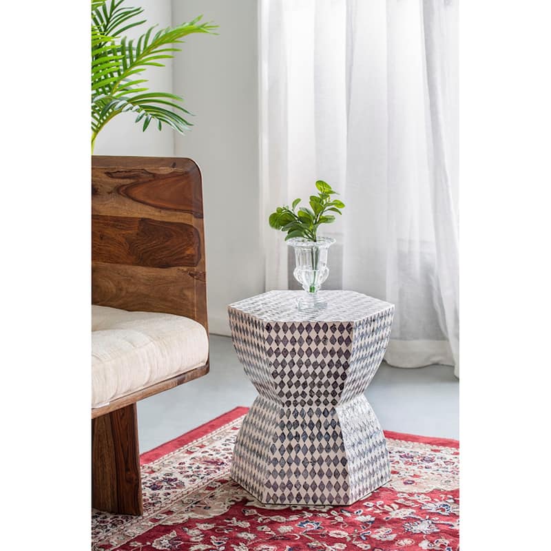 Hexagon Capiz Inlay Stool - 16.5" - Black and White