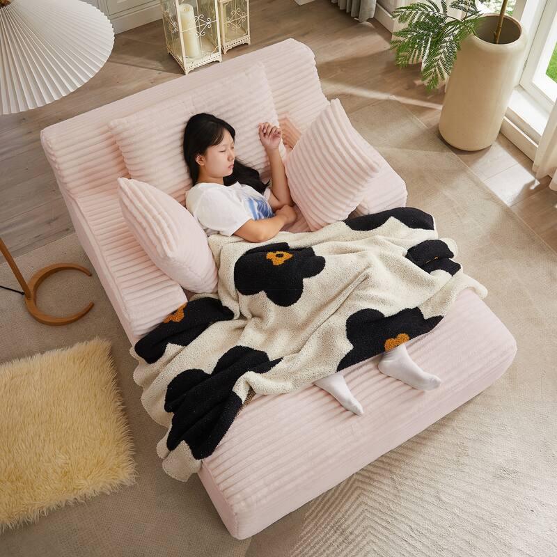 Lazy Sofa Chair Single Chaise Lounge Corduroy Upholstered Sleeper Sofa Ergonomic Couch Chair with Full Foam Cushion and Pillows - Pink